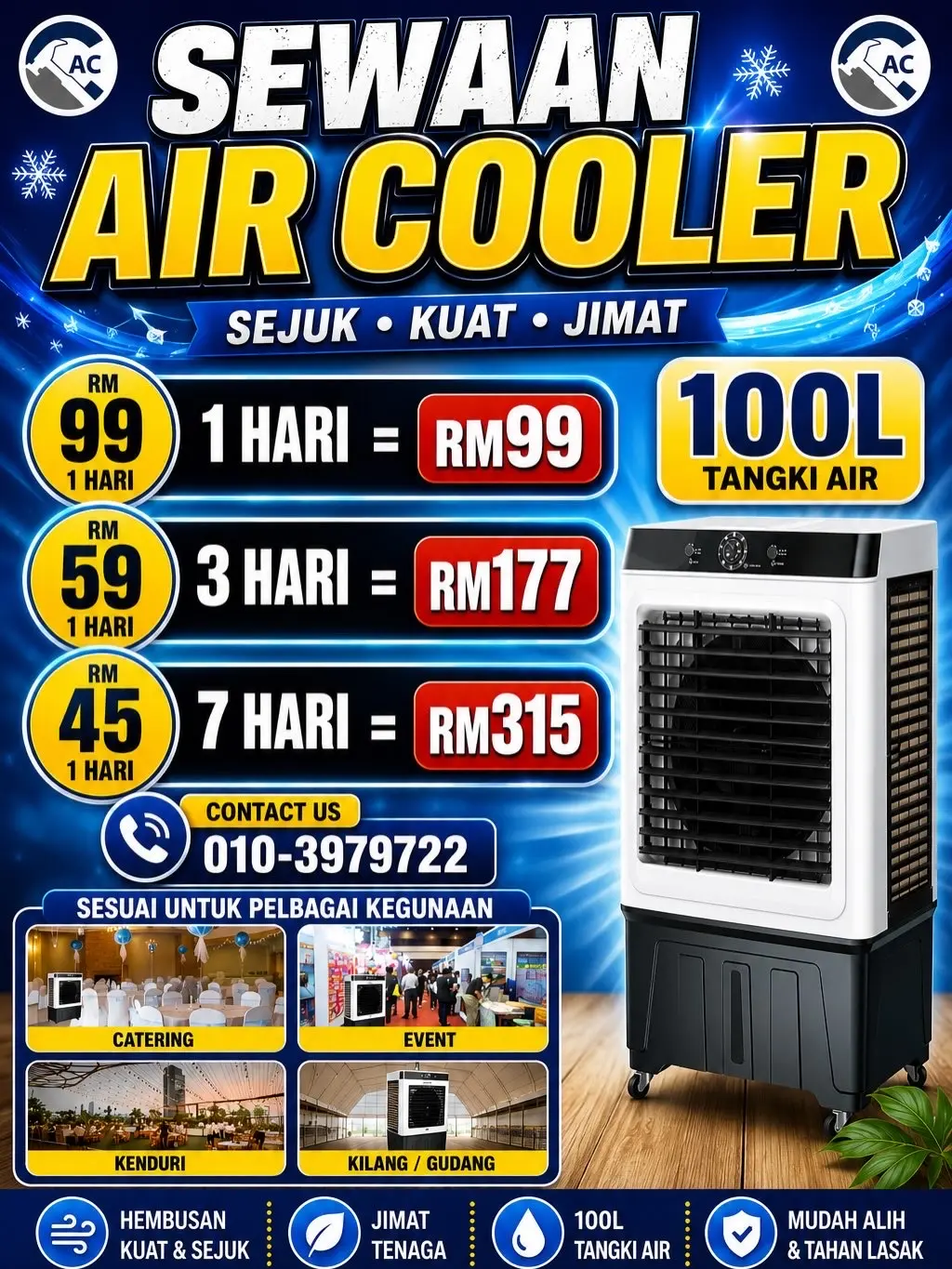 CAC 100-litre air cooler rental rates and suitable uses